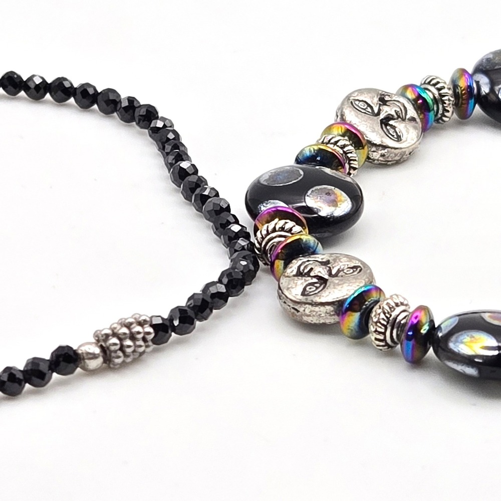 Celestial Moon Face Stretch Bracelet Set Black Glass Iridescent Beaded 2pc